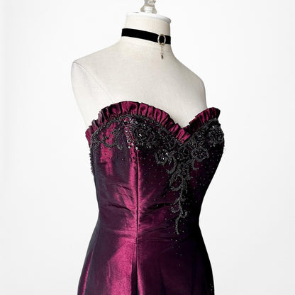 Vintage Burgundy Red Strapless Beaded Satin Ruffle Flared Maxi Prom Dress Size M