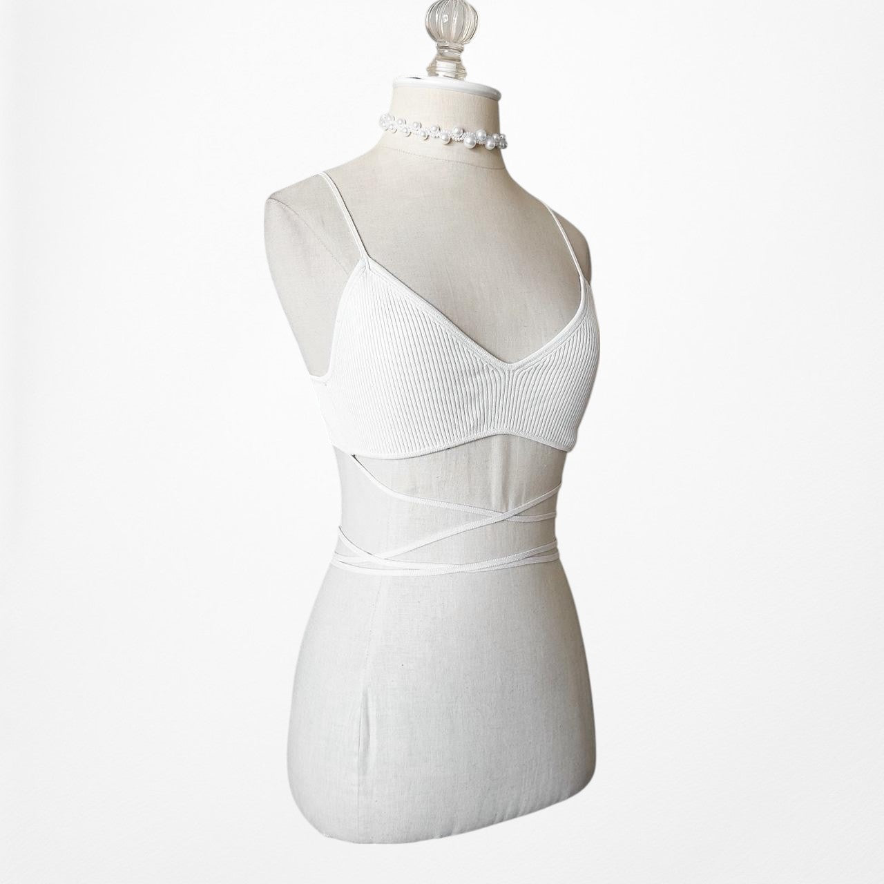 Zara Ribbed Knit Off White Cream Strappy Tie Crop Top Bralette Size S