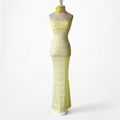 White Fox Boutique Yellow Sheer Lace Maxi Bodycon Dress Flower Neck Tie Size XS