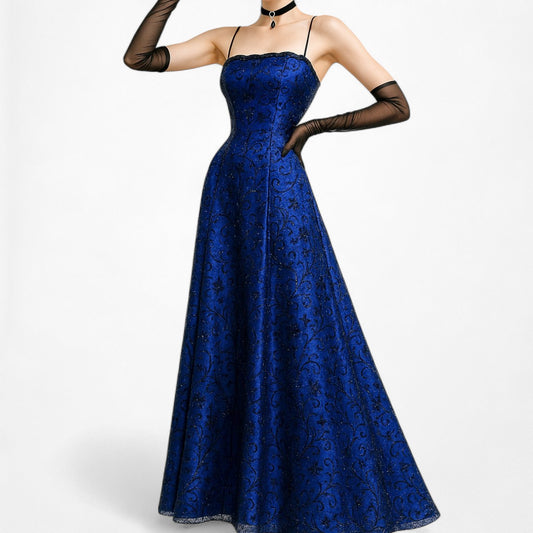 Vintage Black Blue Velvet Mesh Glitter Fit Flared Maxi Prom Dress Size M