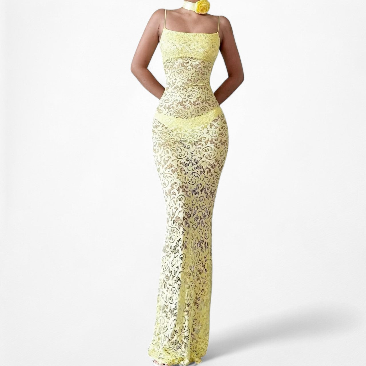 White Fox Boutique Yellow Sheer Lace Maxi Bodycon Dress Flower Neck Tie Size XS