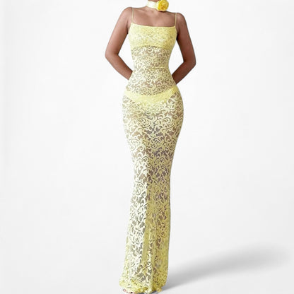 White Fox Boutique Yellow Sheer Lace Maxi Bodycon Dress Flower Neck Tie Size XS