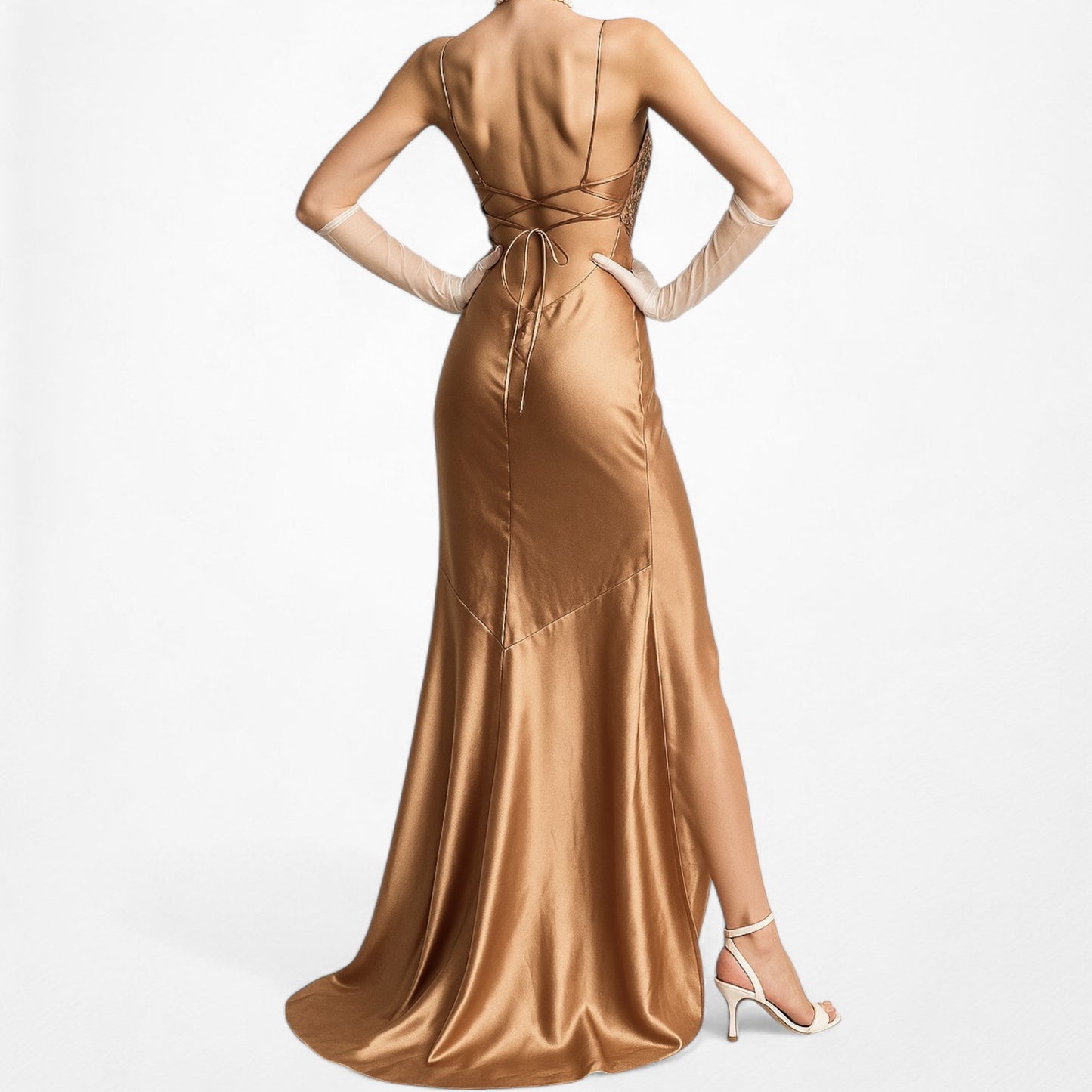 Vintage Brown Silk Beaded Flared Side Slit High Low Maxi Prom Dress Size S/M