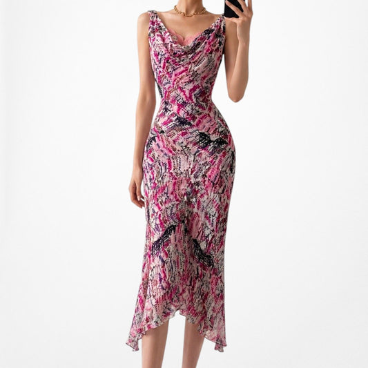 Vintage Pink Silk Lace Detail Asymmetric Hem Cocktail Midi Dress Size S/M