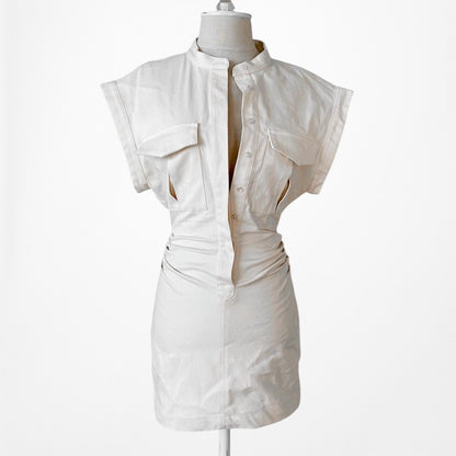 Zara Off White Cream Short Sleeve Button Down Bodycon Mini Shirt Dress Size XS
