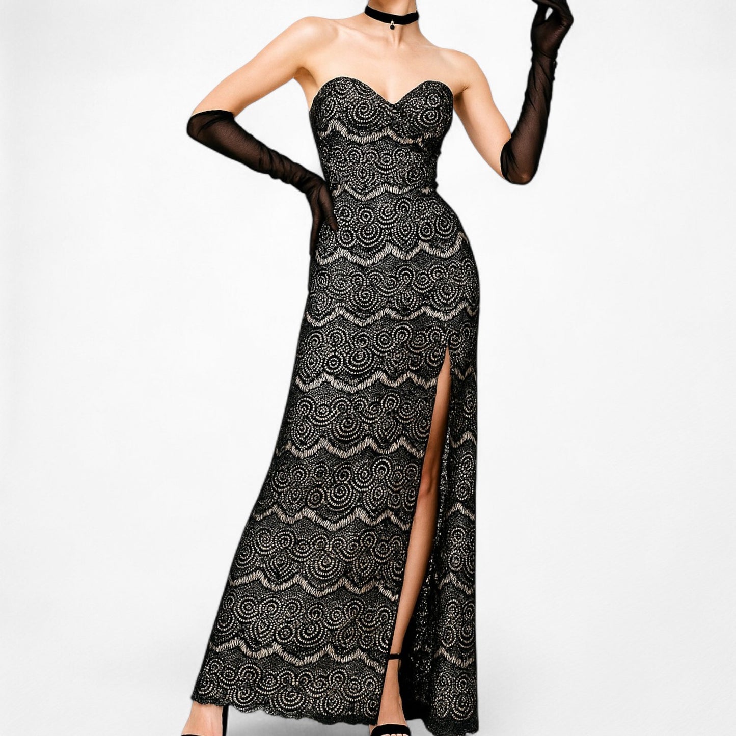 Vintage Black Strapless Lace Bodycon Side Slit Maxi Prom Dress Size XS