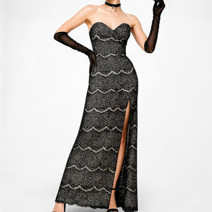 Vintage Black Strapless Lace Bodycon Side Slit Maxi Prom Dress Size XS