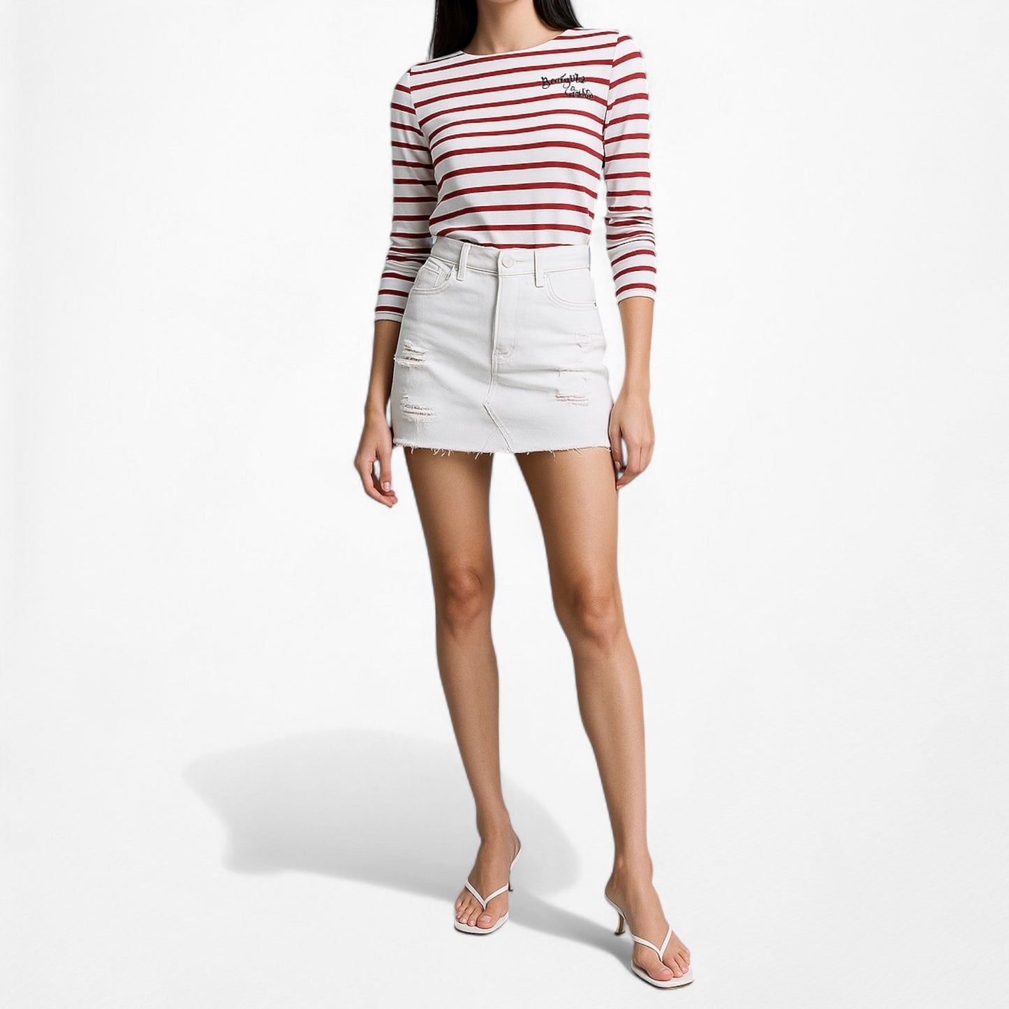 White Red Striped Long Sleeve Crewneck Pullover Top Size XS/S