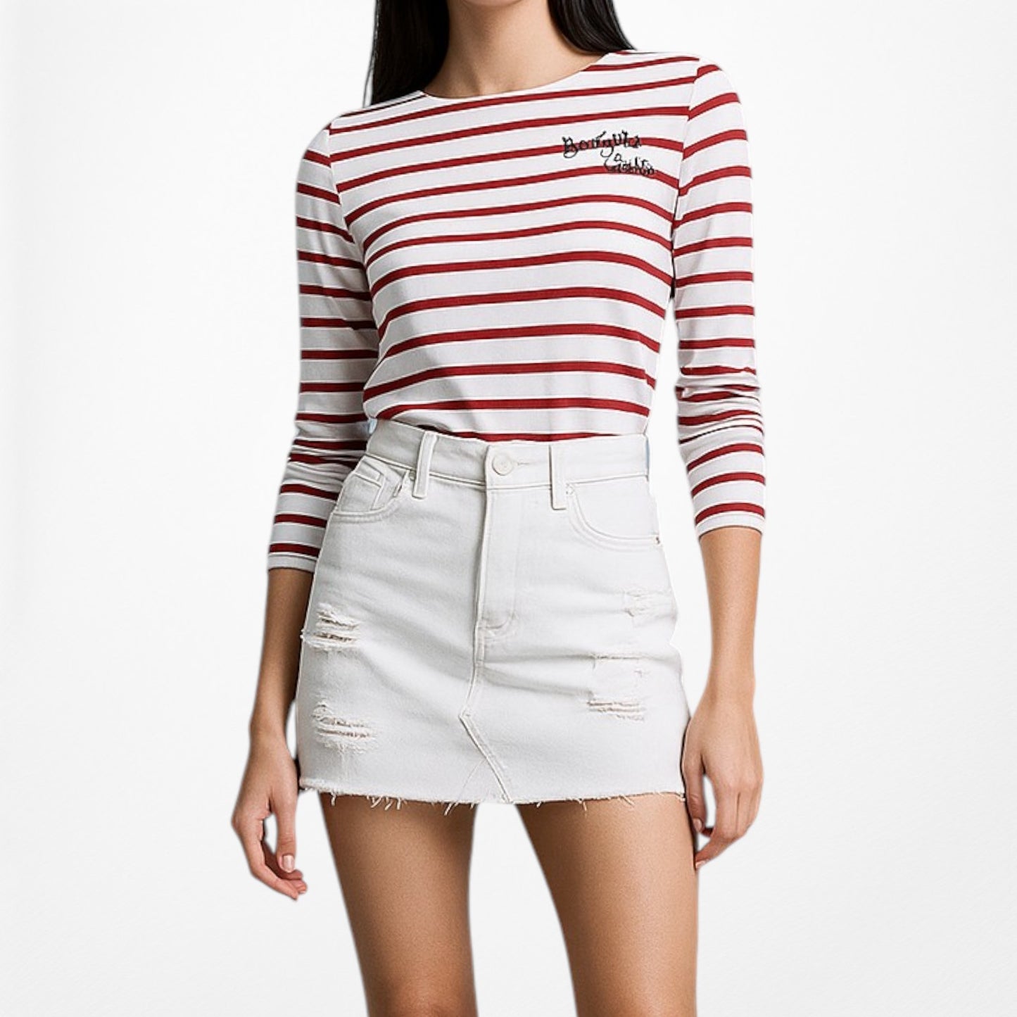 White Red Striped Long Sleeve Crewneck Pullover Top Size XS/S