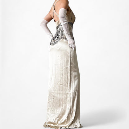 Vintage Ivory Beige Silk Beaded Bodycon Side Slit Maxi Prom Dress Size S/M