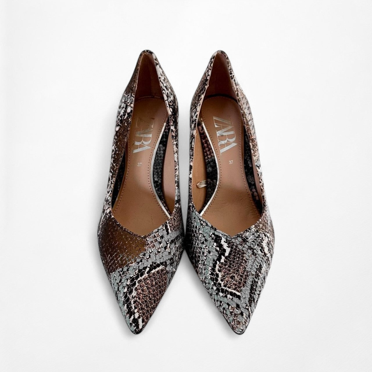 Zara Brown Animal Snake Print Pointy Toe Faux Leather Stiletto Heel Size 6.5