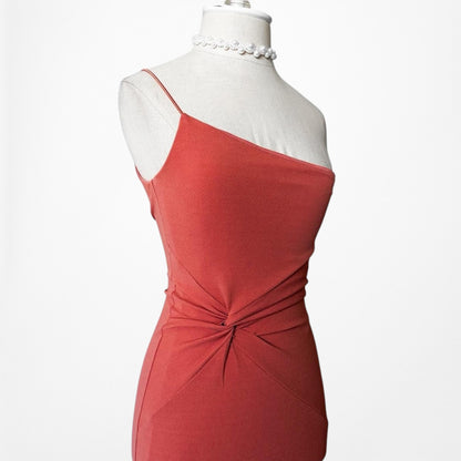 Nookie Orange One Shoulder Bodycon Side Slit Pleated Cocktail Maxi Dress Size XS