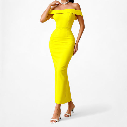 Neon Yellow Off The Shoulder Thick Knit Bodycon Maxi Formal Dress Size XS/S