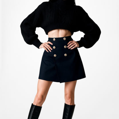 Zara High Waisted Navy Blue Button Front A-Line Wrap Mini Skirt Size XS/S