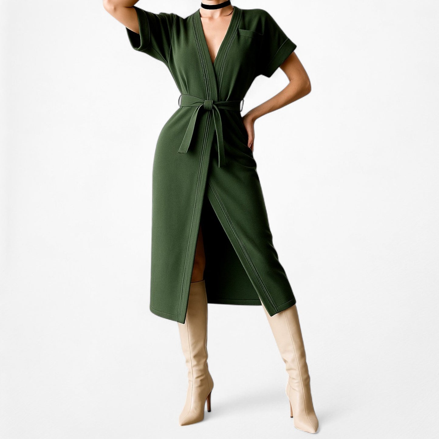 ASOS Green Short Sleeve VNeck Belted Waist Knee Length Side Slit Dress Size 0/XS