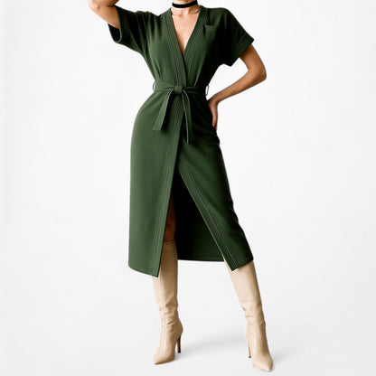 ASOS Green Short Sleeve VNeck Belted Waist Knee Length Side Slit Dress Size 0/XS