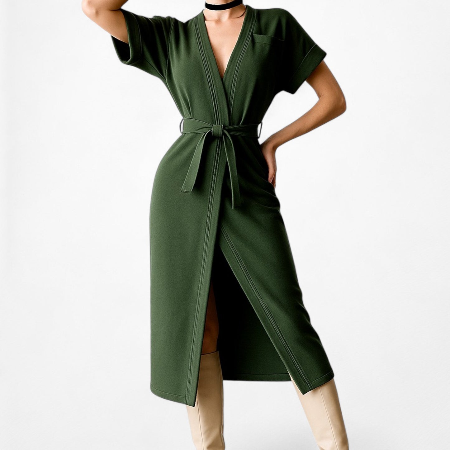 ASOS Green Short Sleeve VNeck Belted Waist Knee Length Side Slit Dress Size 0/XS