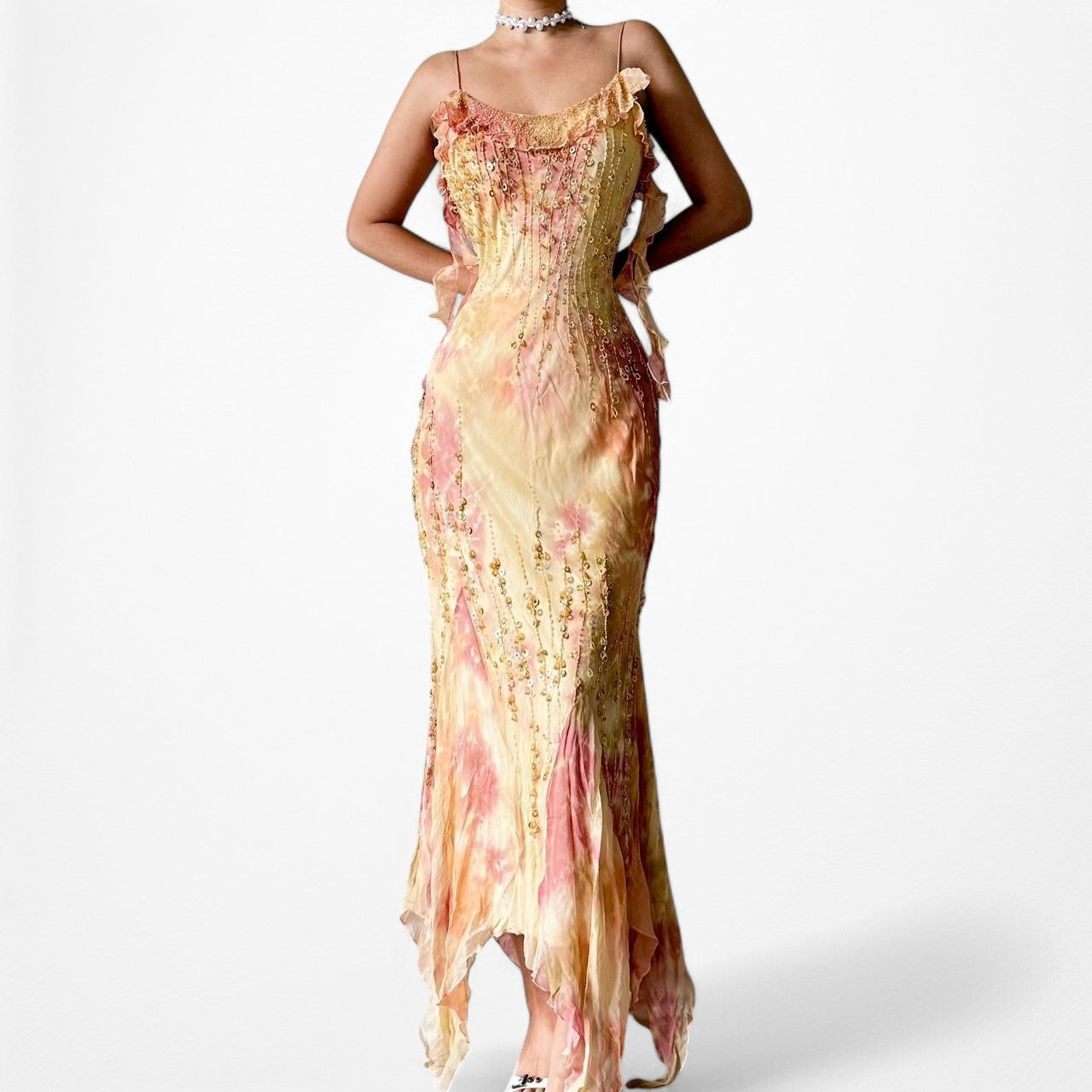 Vintage Pink Yellow Beaded Ruffle Silk Asymmetric Hem Midi Dress Size S