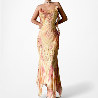 Vintage Pink Yellow Beaded Ruffle Silk Asymmetric Hem Midi Dress Size S