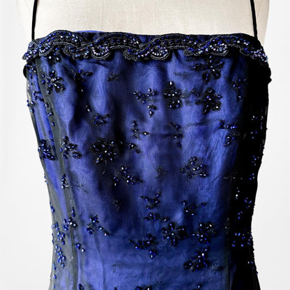 Vintage Blue Black Mesh Velvet Beaded Flared Maxi Prom Dress Size M