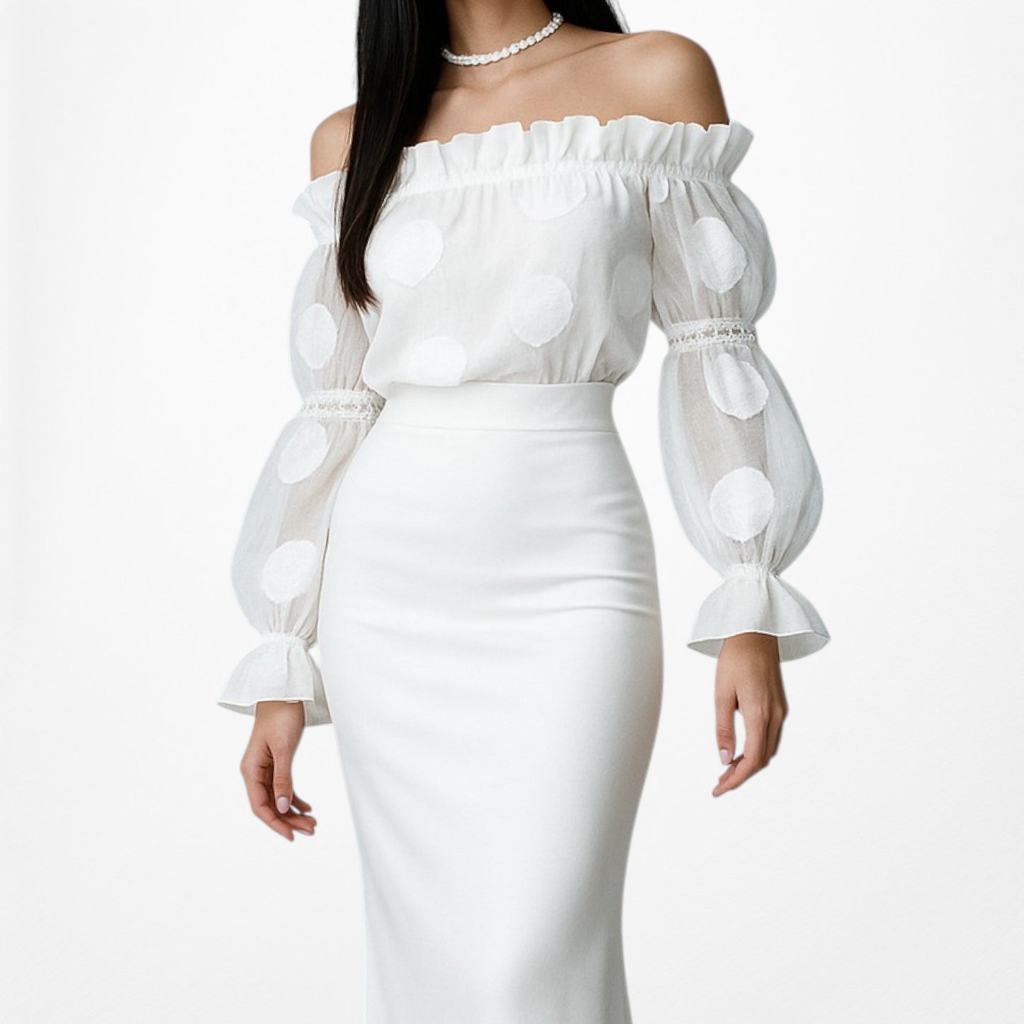 Alexis White Off The Shoulder Lace Organza Long Puffy Sleeve Blouse Top Size XS