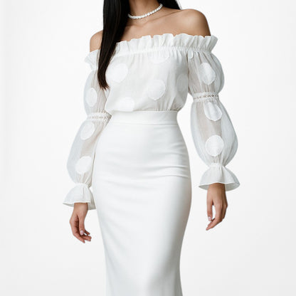 Alexis White Off The Shoulder Lace Organza Long Puffy Sleeve Blouse Top Size XS