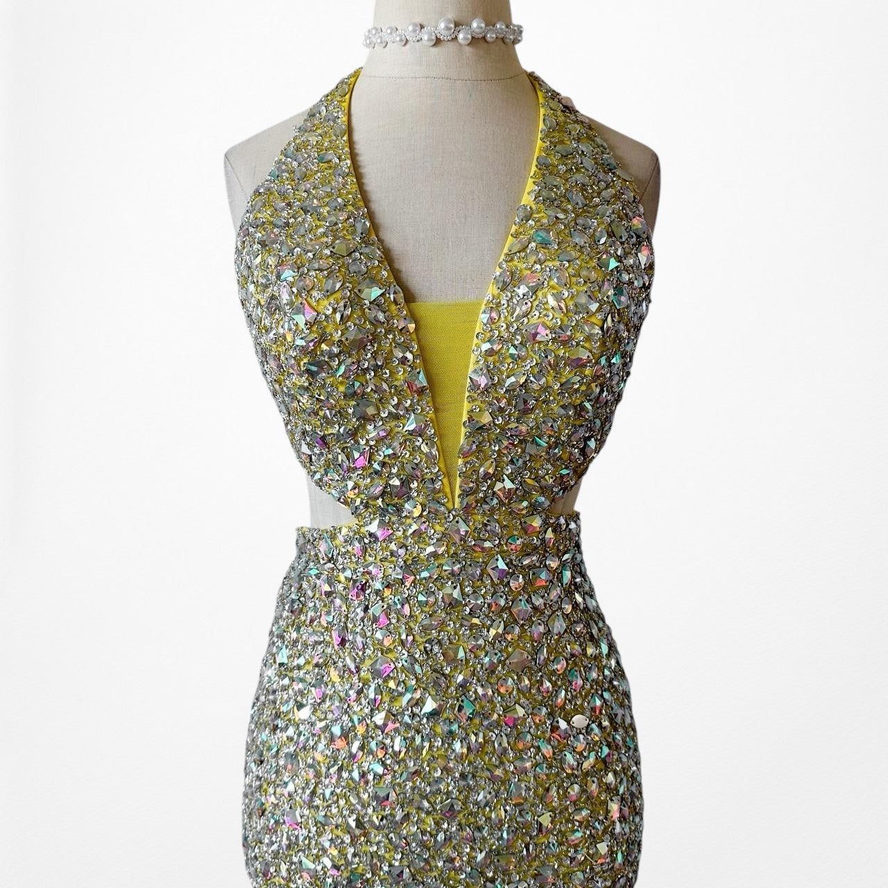 Vintage Yellow Rhinestone Beaded Cutout Maxi Prom Dress Size XS/S
