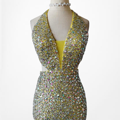 Vintage Yellow Rhinestone Beaded Cutout Maxi Prom Dress Size XS/S
