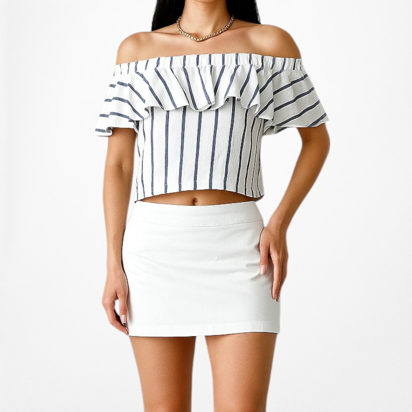 Topshop White Off Shoulder Ruffle Striped Top Size XS