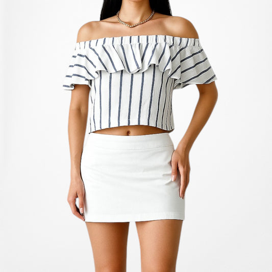 Topshop White Off Shoulder Ruffle Striped Top Size XS