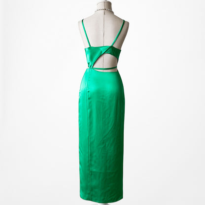 Zara Green Satin Cutout Strappy Side Slit Midi Bodycon Dress Size XS