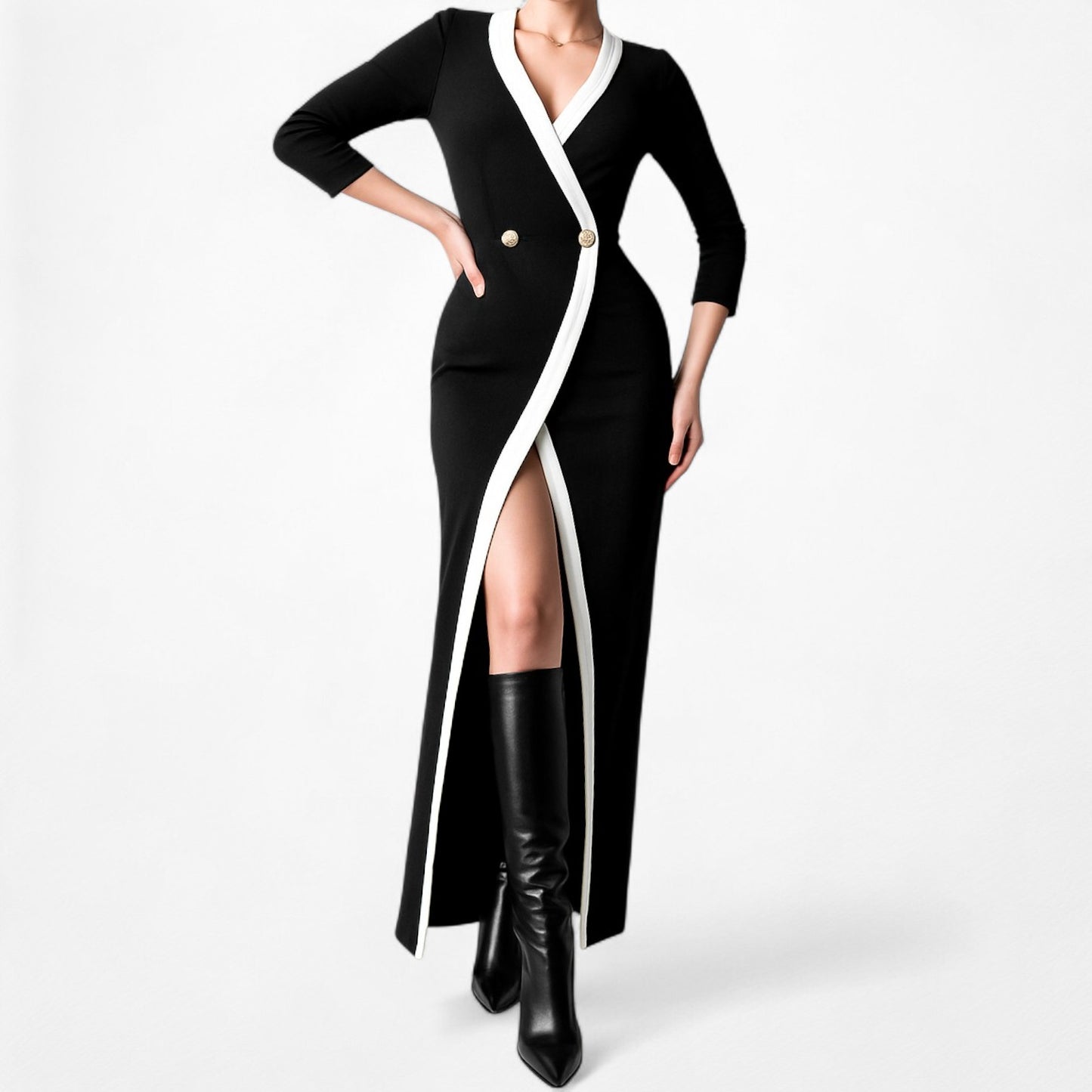 ASOS Black Button Front Colorblock Knit Front Slit Bodycon Maxi Dress Size S/M