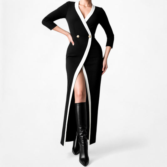 ASOS Black Button Front Colorblock Knit Front Slit Bodycon Maxi Dress Size S/M