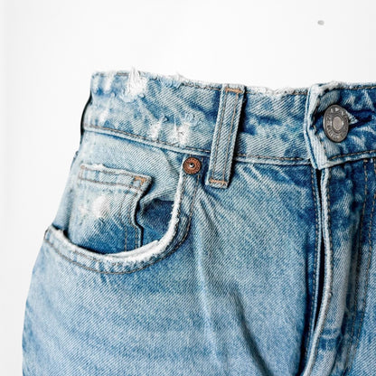 Zara Blue Distressed Destroyed Medium Wash Ripped Knee High Waisted Mom Jeans XS