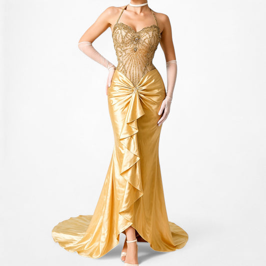 Vintage Gold Yellow Corset Bustier Beaded Ruffle Maxi Prom Dress Size XS/S