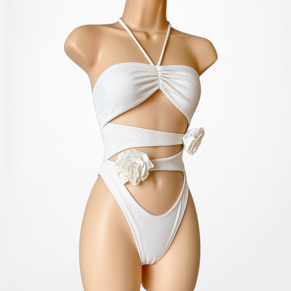 White Fox Boutique Off White Floral Applique Cutout One Piece Swimsuit Size XS