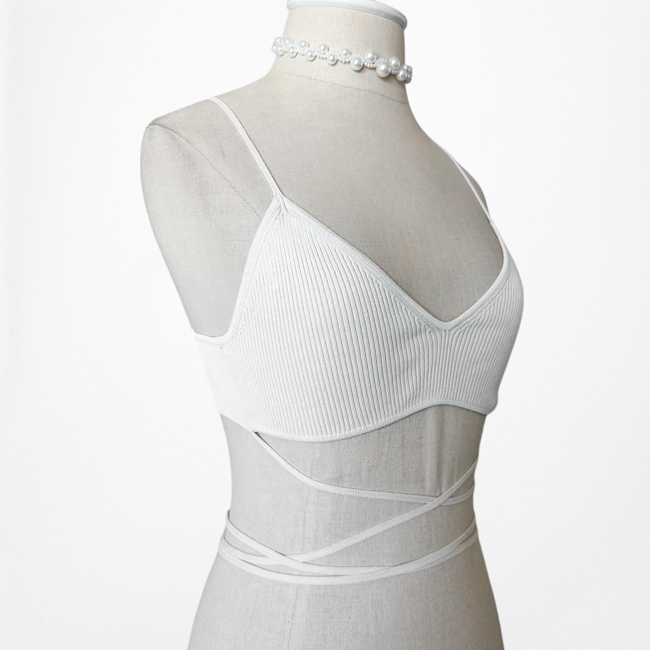 Zara Ribbed Knit Off White Cream Strappy Tie Crop Top Bralette Size S