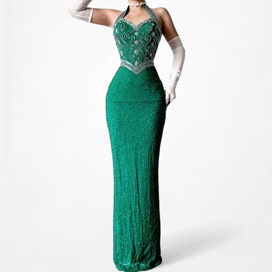 Vintage Green Beaded Halter Neck Bodycon Maxi Prom Dress Size XS/S