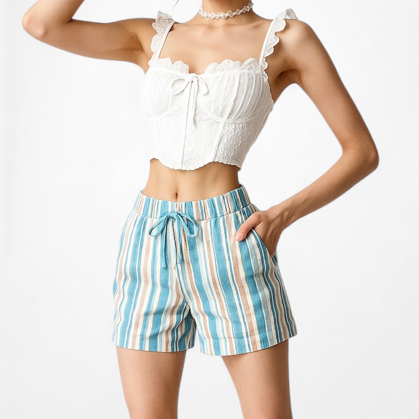 Blue High Low Rise Drawstring Relaxed Fit Summer Bermuda Style Shorts Size XS/S