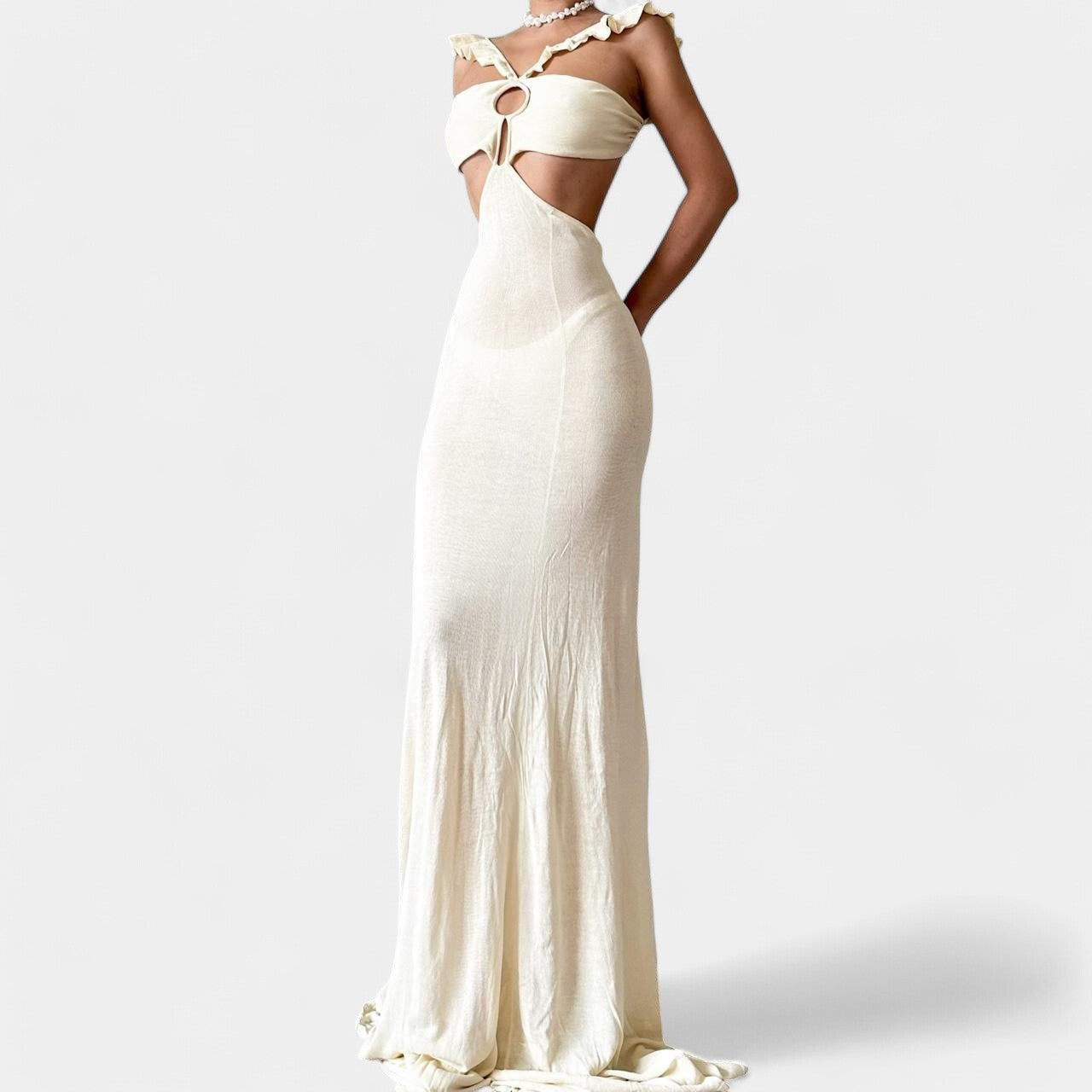 Off White Cream Cutout Ruffle Knit Maxi Bodycon Dress Size M