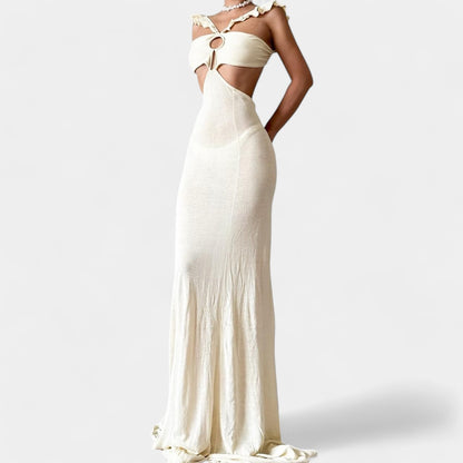 Off White Cream Cutout Ruffle Knit Maxi Bodycon Dress Size M