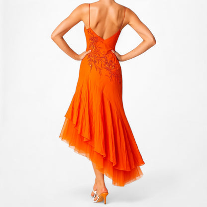Orange Silk Floral Applique Beaded Tulle Fit Flared Midi Prom Dress Size S