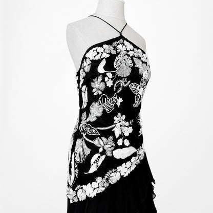 Black White Silk Floral Beaded Ruffle Fit Flared Maxi Prom Dress Size S