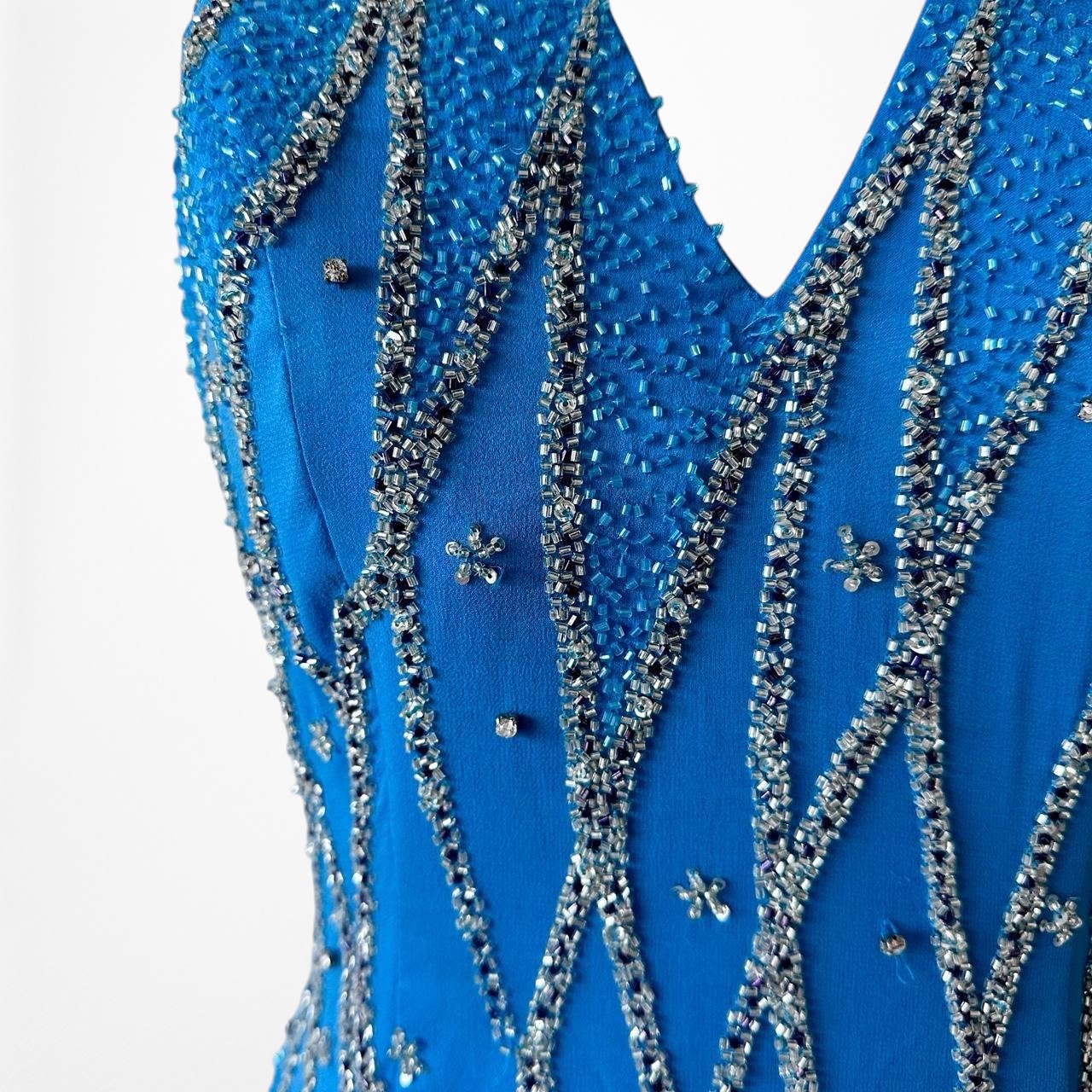 Vintage Blue Silk Beaded Scarf Halter Maxi Bodycon Prom Dress Size S/M