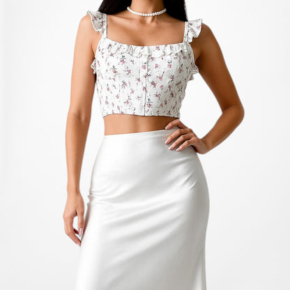 Blue Life White Ruffle Floral Bustier Crop Top Size S