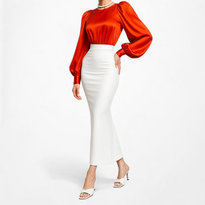 Zara Orange Long Puffy Sleeve Satin Blouse Top Size XS/S