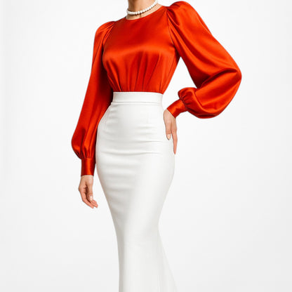 Zara Orange Long Puffy Sleeve Satin Blouse Top Size XS/S