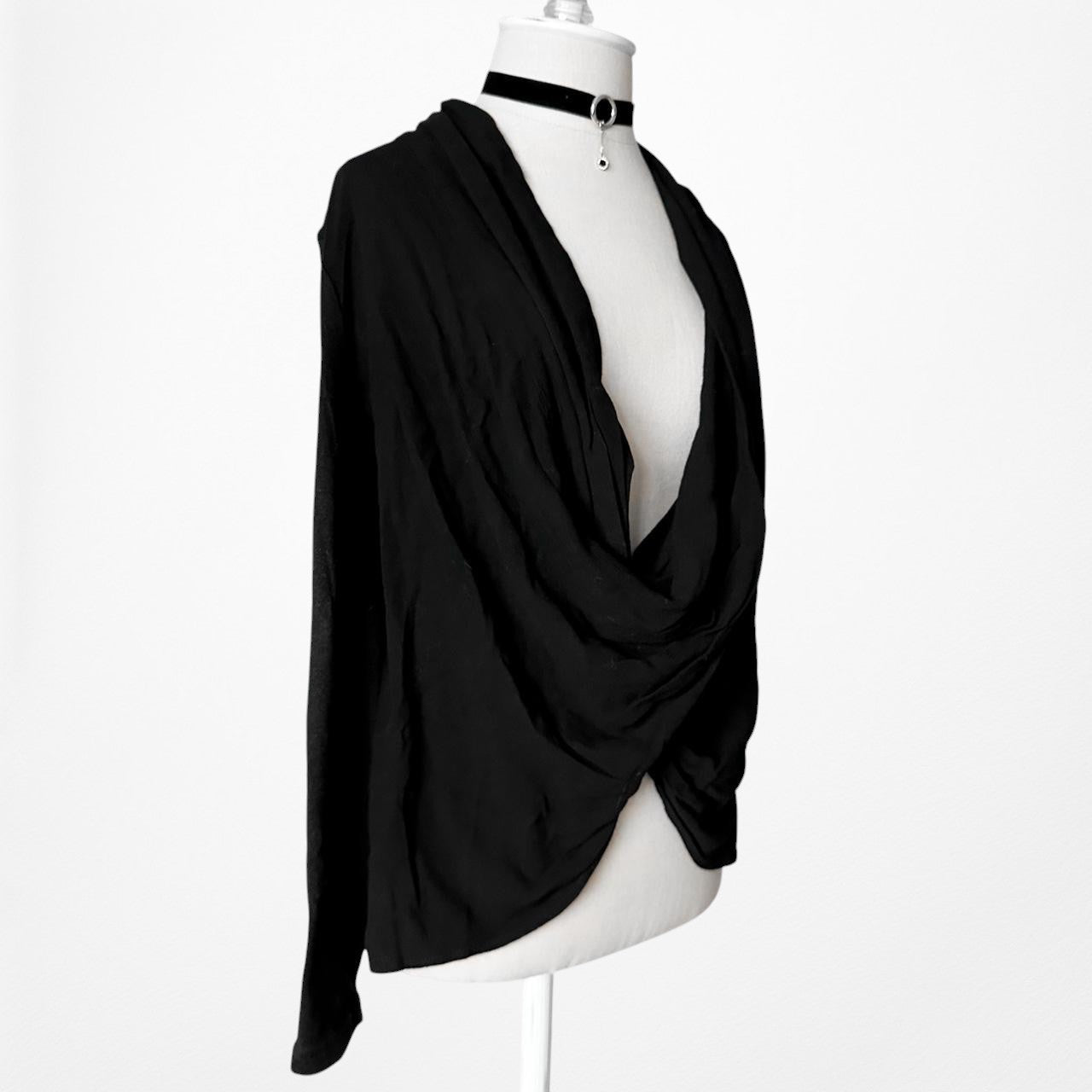 Vintage Black Plunging Cowl Neck Pullover Oversized Knit Sweater Top Size S