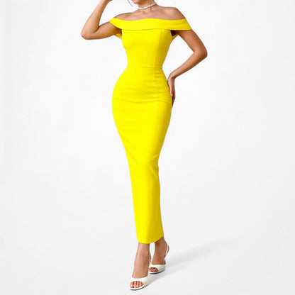 Neon Yellow Off The Shoulder Thick Knit Bodycon Maxi Formal Dress Size XS/S