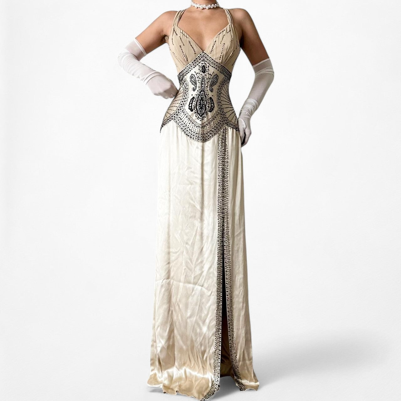 Vintage Ivory Beige Silk Beaded Bodycon Side Slit Maxi Prom Dress Size S/M